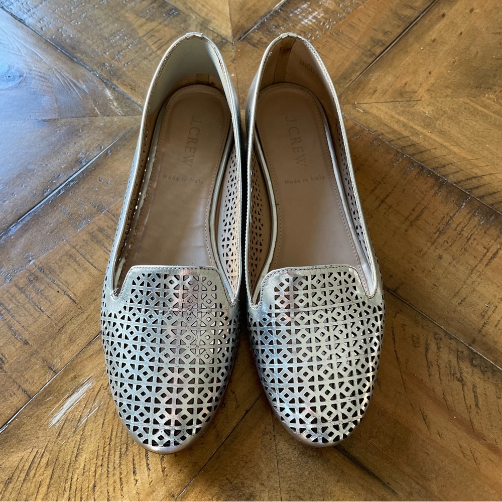 J. Crew Laser Cut out Silver Slip on Flats size 6